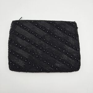 Vintage Carolyne Barton Night Black Fully Beaded Zipper Clutch Bag